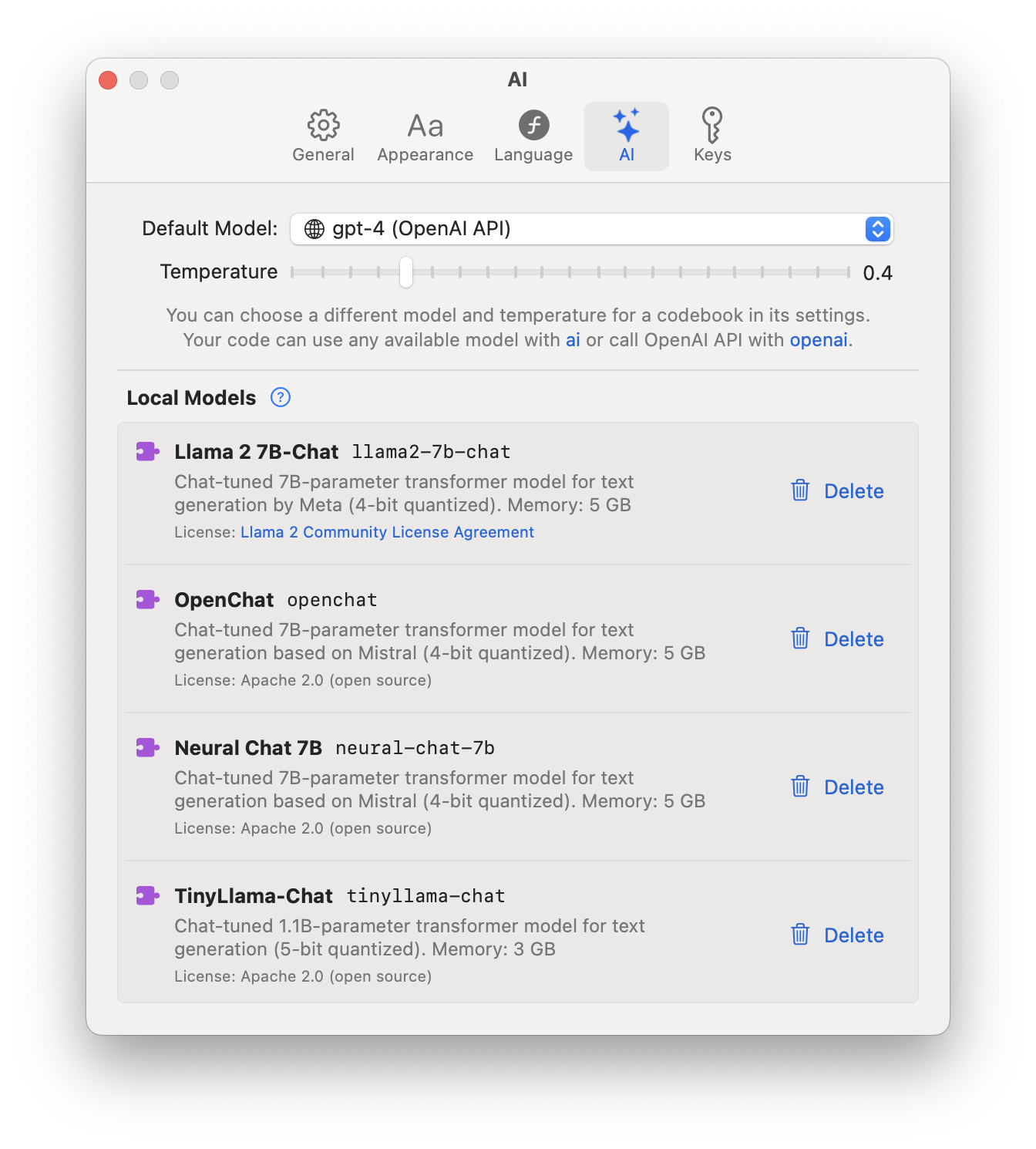AI models settings in Calcish